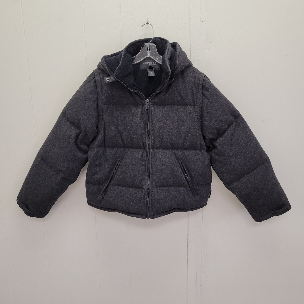 Express World Brand Removable Hood and Sleeves Puffer Wool Blend Jacket